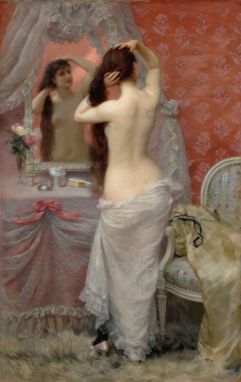 Nahá mladá žena česající si vlasy v interiéru, 1887. od Jean Andre Rixens