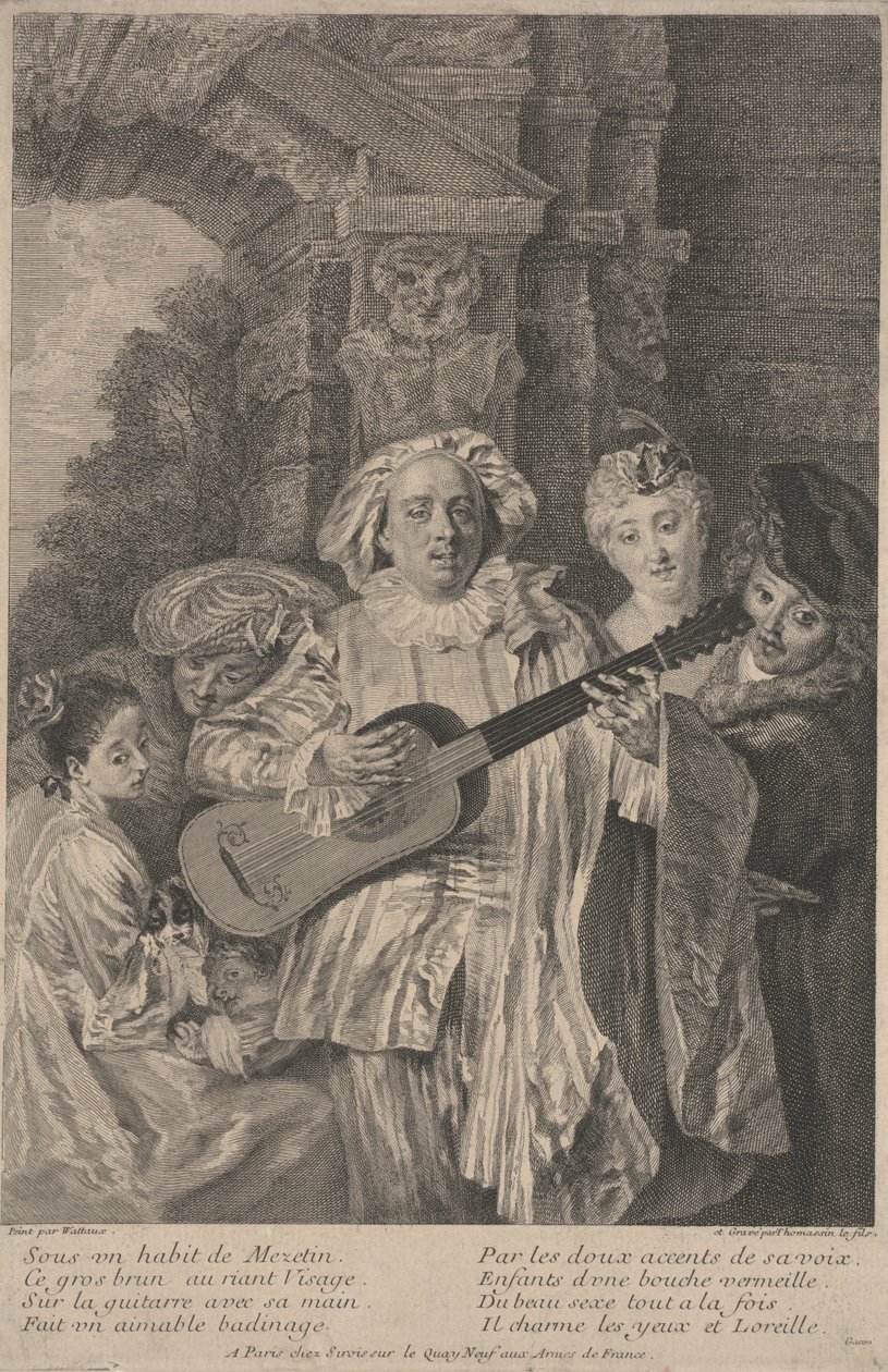 V kostýmu Mezetina, tisk Henri Simon Thomassin kolem 1717-1726 (lept) od Jean Antoine (after) Watteau