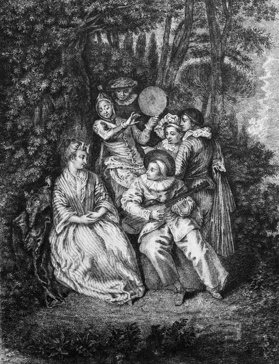 Italská serenáda, kterou vyryl Gerard Jean Baptiste Scotin (1671-1716), podle Watteau- od Jean Antoine (after) Watteau