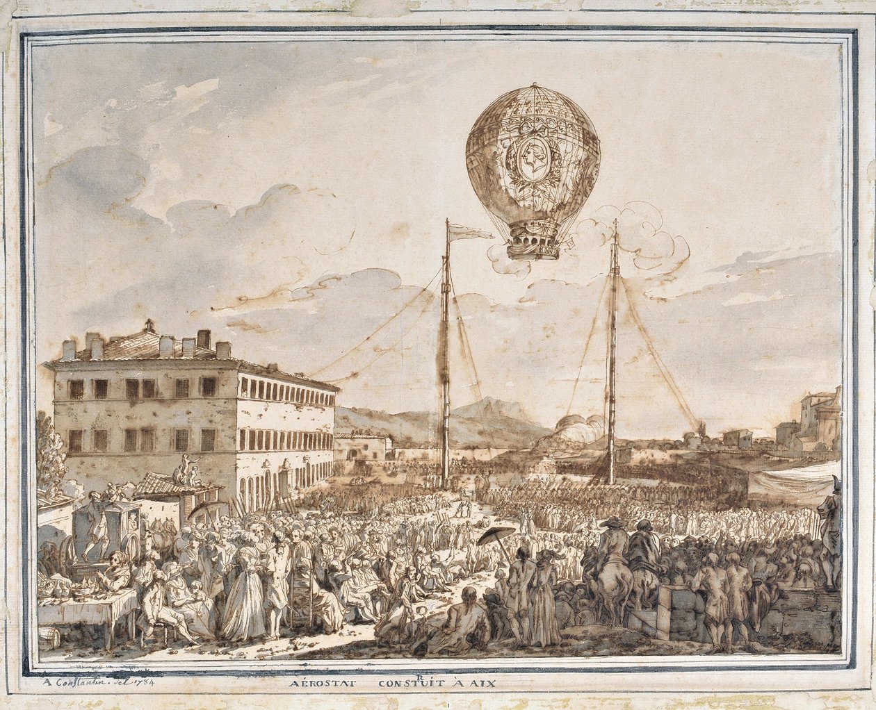 Aerostat postavený v Aix. Balón postavený v Aix en Provence. Kresba Jean Antoine Constantin dit Constantine d