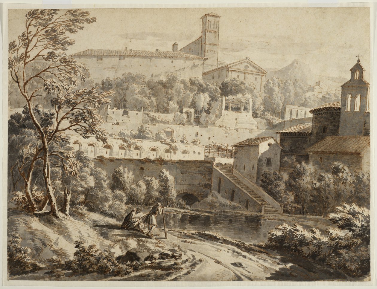 Umělec skicující na břehu řeky pod italským městem, asi 1780 (tuš a wash na křídovém papíře, stopy černé křídy) od Jean Antoine Constantin