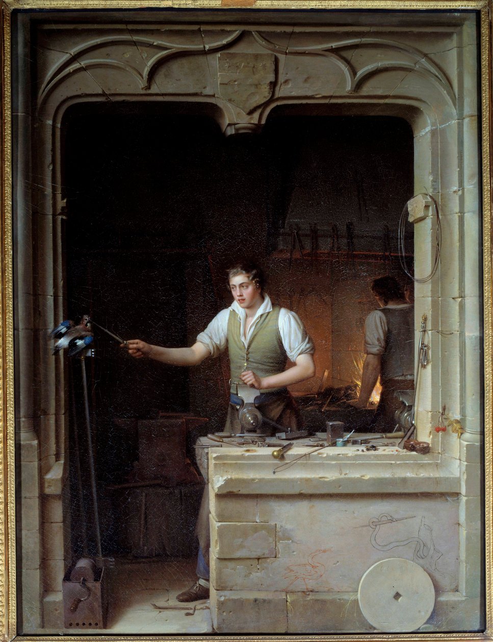 Zámečník se snaží kousnout svůj spis do sojky Ilustrace k bajkám Jeana de La Fontaina. Obraz Jean Antoine Laurent (1763-1832) 1829 Ne. 0,86x0,65 m - Zámečník, který se snaží přimět sojku kousat jeho kovový pilník. Ilustrace k Fa Jeana de La Fontaina od Jean Antoine Laurent