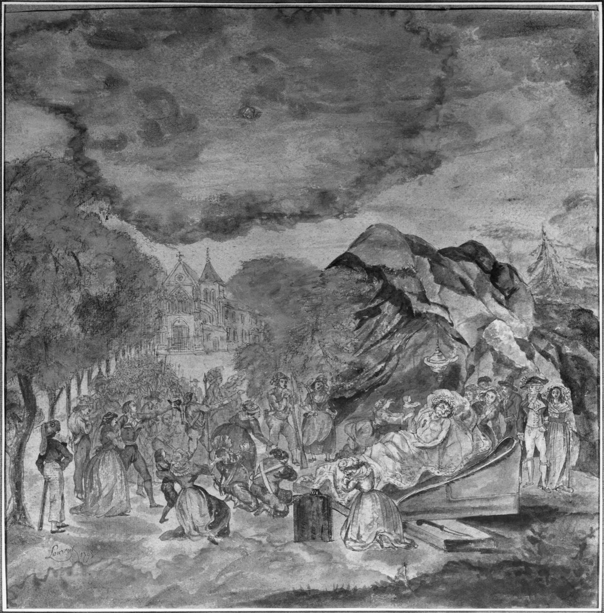 Lidé jdoucí kolem Maratovy mrtvoly poblíž jeskyně Les Cordeliers, 1793 (tužka a wc na papíře) od Jean Antoine Laurent
