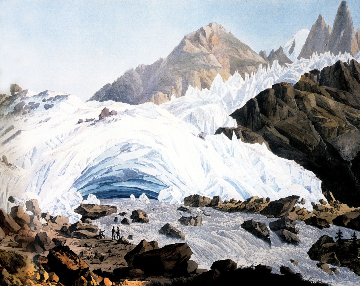 Chamonix: pramen řeky Arveyron, kolem roku 1800 (rytina) od Jean Antoine Linck