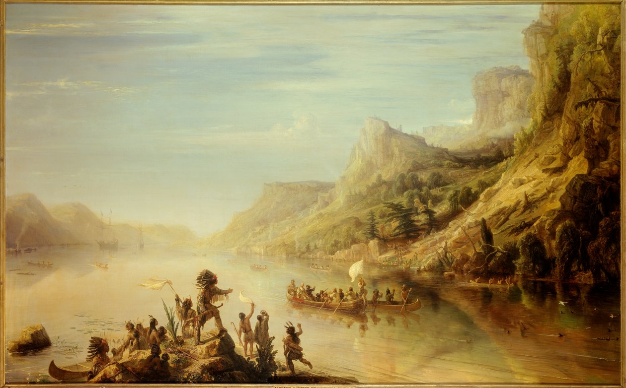 francouzský objevitel Jacques Cartier (1491-1557) v roce 1535 objevil a vyšplhal na řeku sv. Vavřince v Kanadě. Obraz Jean Antoine Theodore Gudin (1802-1880) od Jean Antoine Theodore Gudin