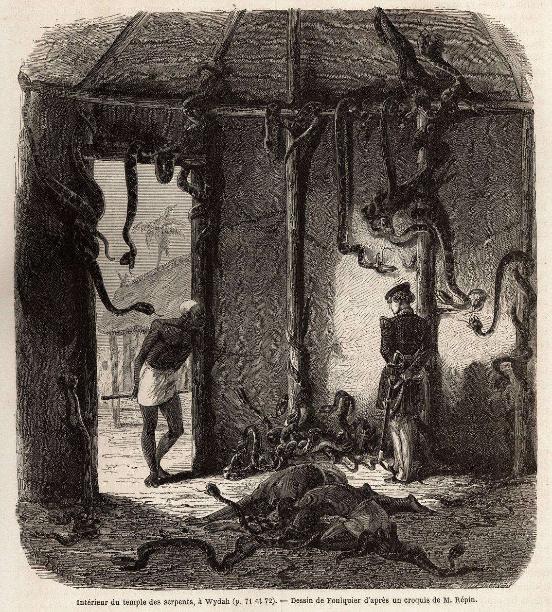 Uvnitř chrámu hadů fetiches, ve Wydah, v Dahomey (dnešní Benin), kresba Jean Antoine Foulquier (1822-1896), ilustrující cestu Dr. Repina do Dahomey v roce 1860. Rytina „“ Le tour du monde“ “, editoval Edouard Charton od Jean Antoine Valentin Foulquier