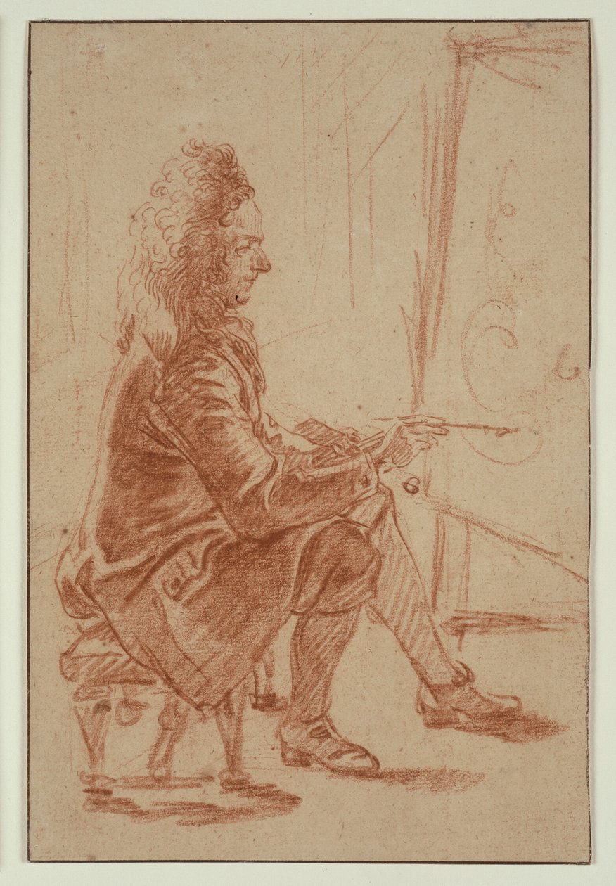 Malíř s plnovousem (pravděpodobně Claude Audran), sedící u pracovního stolu, při pohledu z profilu od Jean Antoine Watteau
