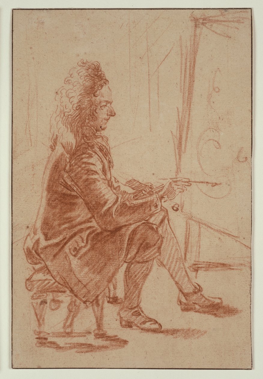 Malíř s kšticí (pravděpodobně Claude Audran), kolem roku 1709 (červená křída na buffovém papíře, položeno na krémové podložce) od Jean Antoine Watteau