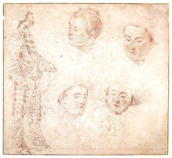 Postava a čtyři hlavy (červená křída na papíře) od Jean Antoine Watteau