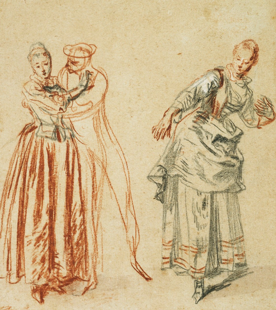 Scéna z commedia dell"arte: Dívka, která se brání pokusům komika, a herečka, která dělá krok, kolem roku 1718 od Jean Antoine Watteau
