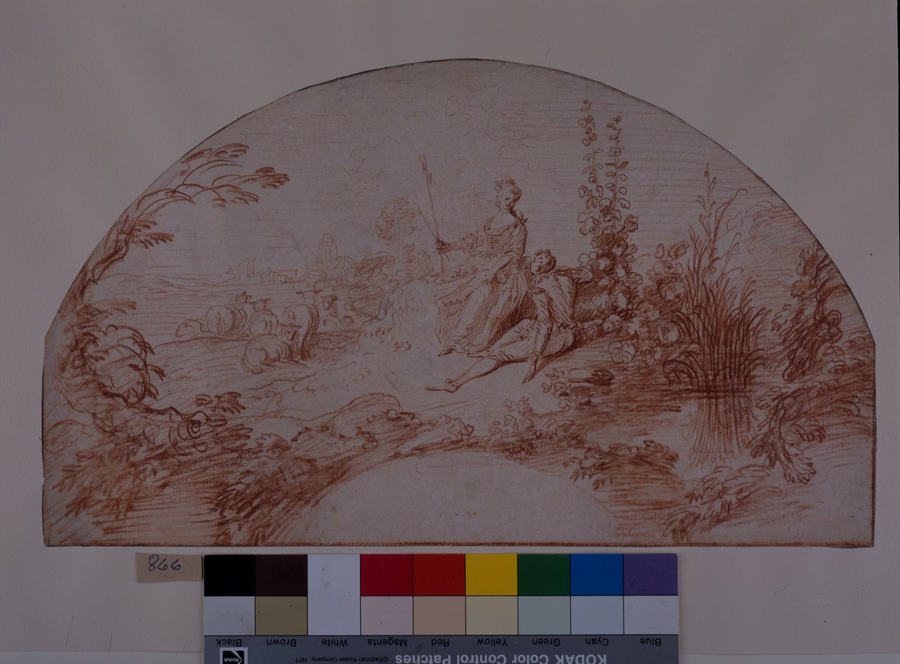 Pastýřka sedící se svým swainem (červená křída na bílém papíře) od Jean Antoine Watteau