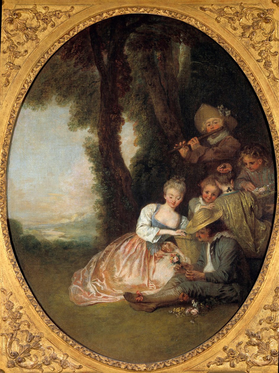 Koncert Champetre aneb „Očekávané prohlášení““. Mladý pár v lásce červenat. Malba ve stylu rokoka od Jean Antoine Watteau (1684-1721) od Jean Antoine Watteau
