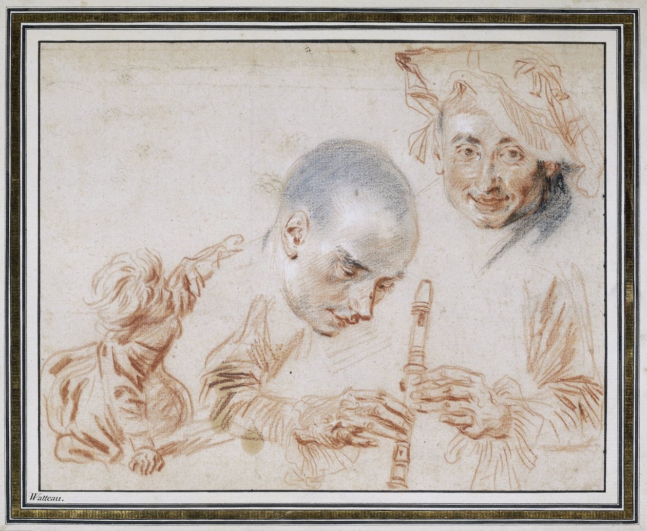 Krčící se dítě, dvě mužské hlavy, jeden s baretem, paže a ruce hráče na zobcovou flétnu od Jean Antoine Watteau