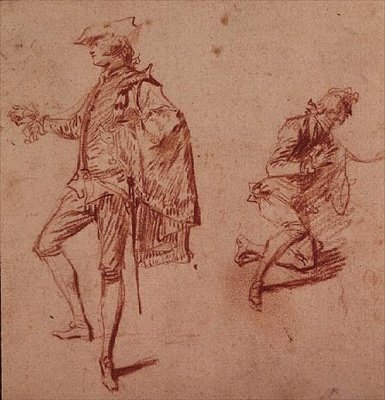 Kresba mladého muže stojícího a dalšího klečícího (pastelový papír) od Jean Antoine Watteau