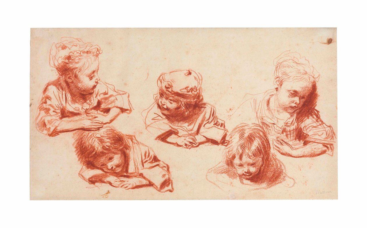Pět studií dětí (červená křída na papíře) od Jean Antoine Watteau