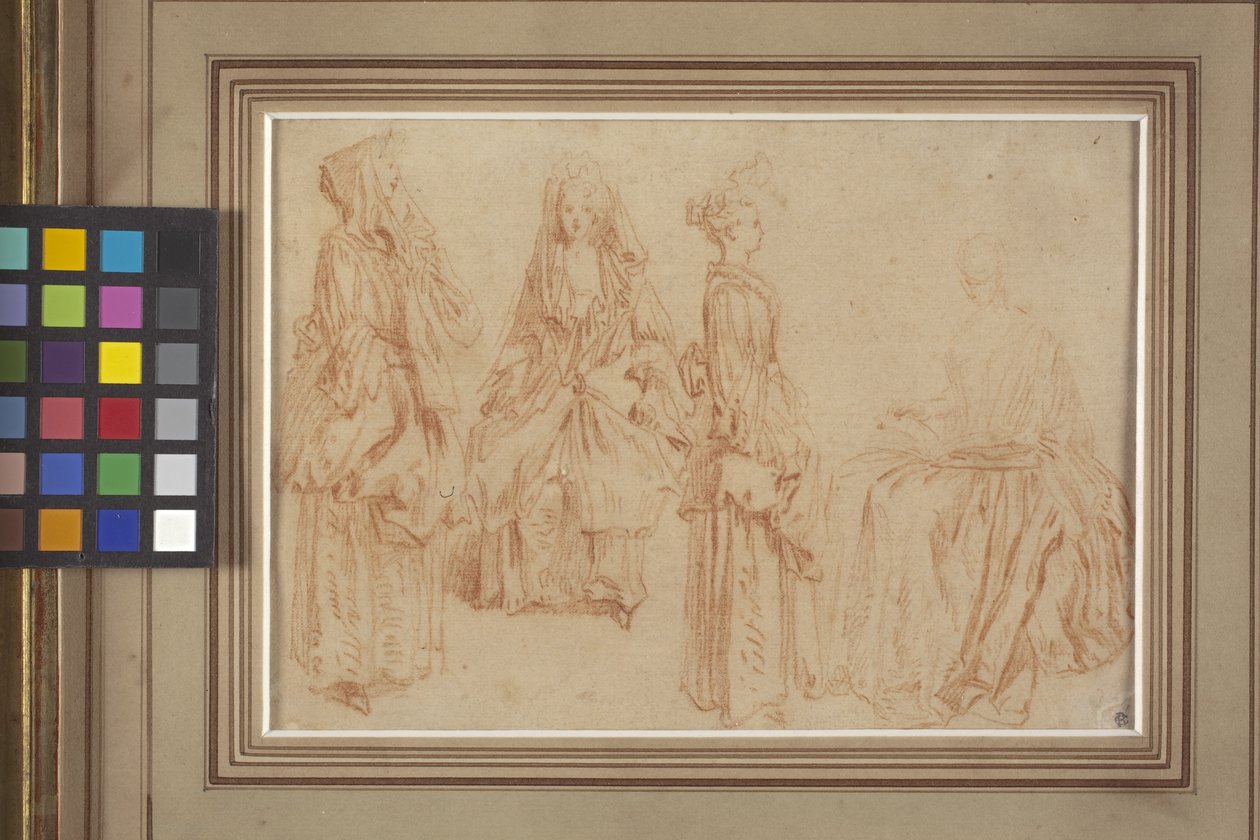 Čtyři dámy (červená křída (sanguine) na papíře) od Jean Antoine Watteau