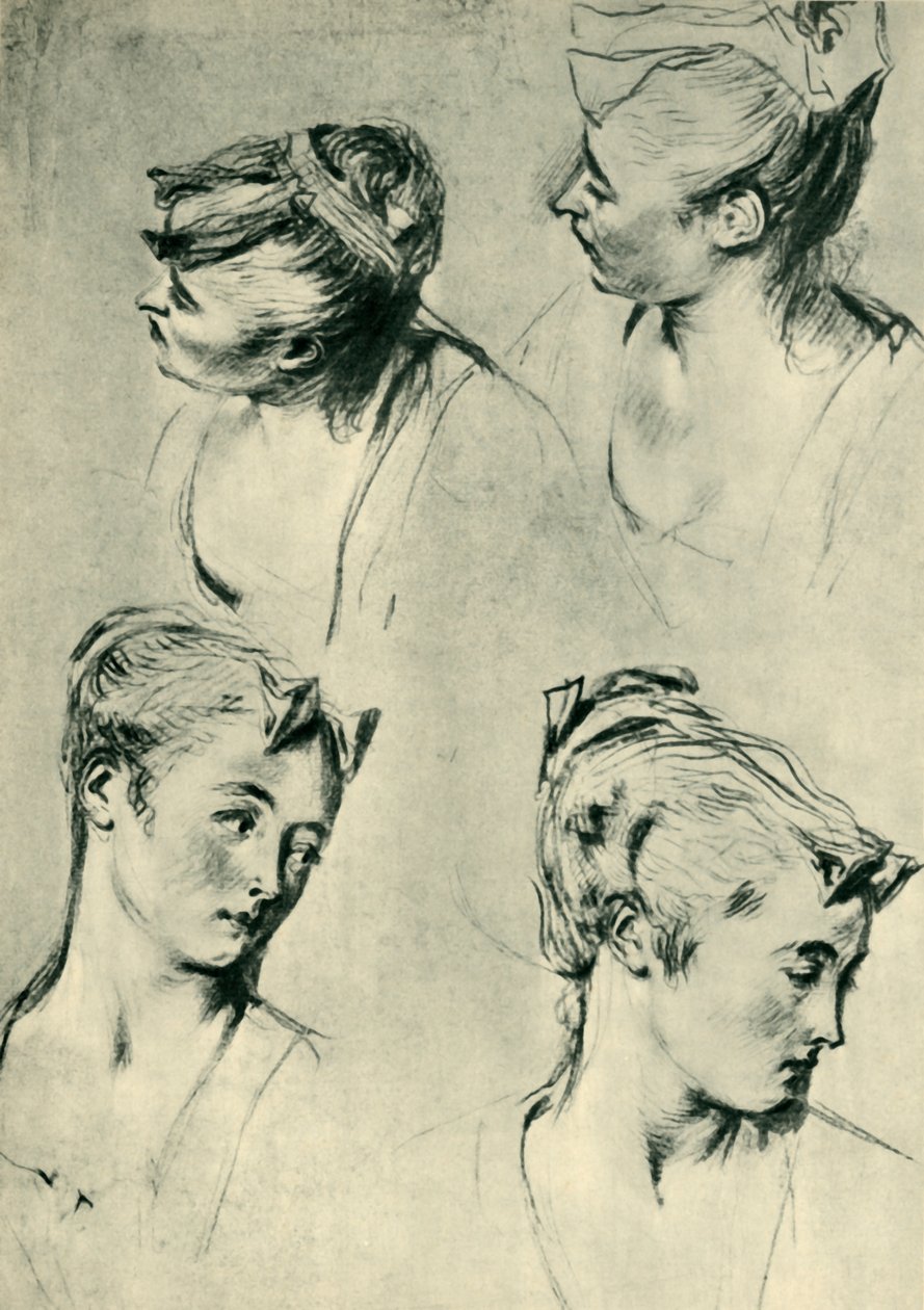 Čtyři studie ženských hlav, počátek 18. století, 1943. od Jean Antoine Watteau