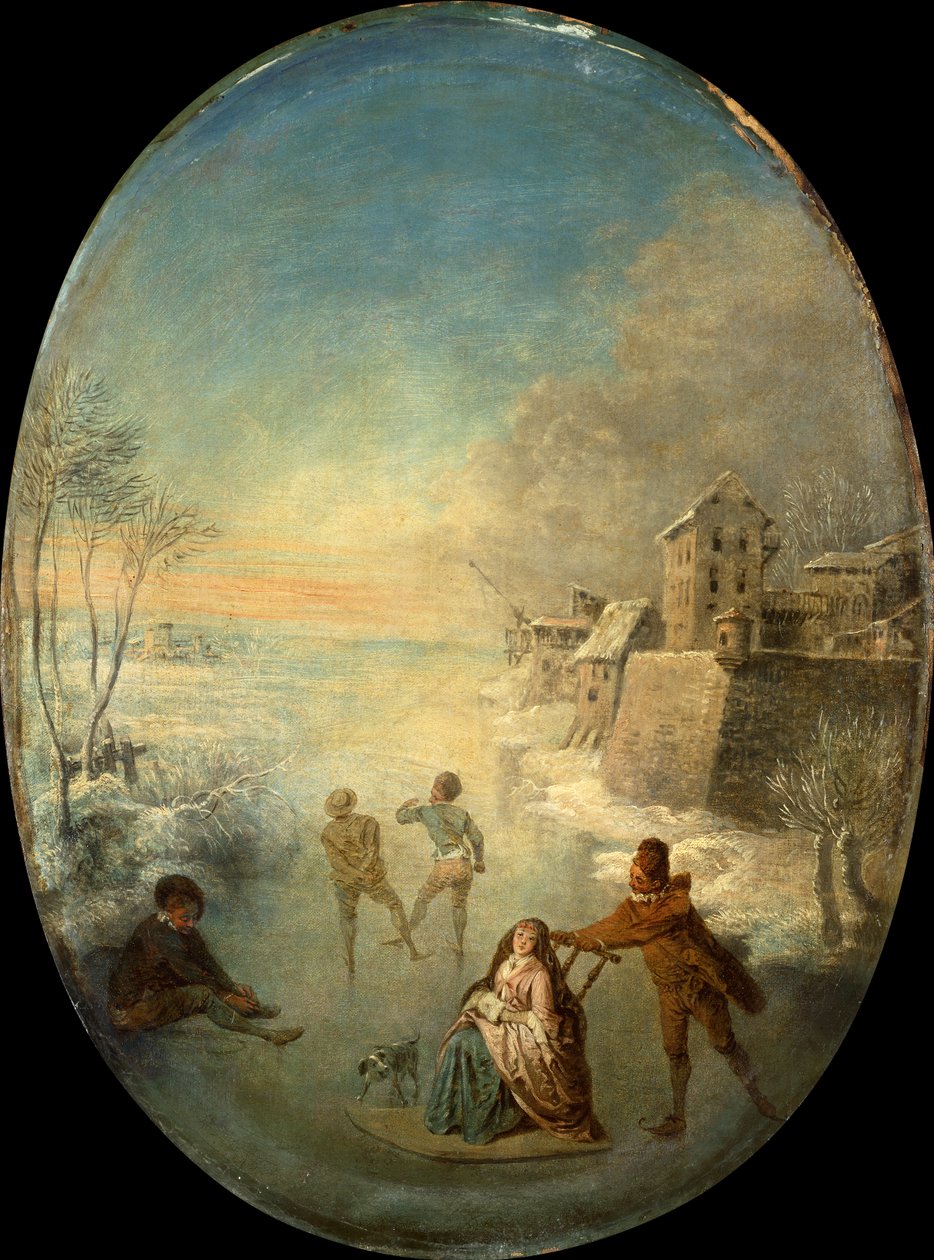 Gentlefolk on the Ice u opevněného města v zimě (olej) od Jean Antoine Watteau