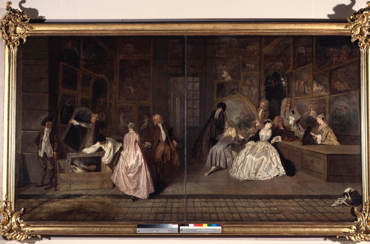 Gersaintovo znamení. Edme Francois Gersaint (1694-1750) byl obchodník s uměním. Obraz Jean Antoine Watteau (1684-1721). 1720. Německo, Berlín, zámek Charlottenburg od Jean Antoine Watteau