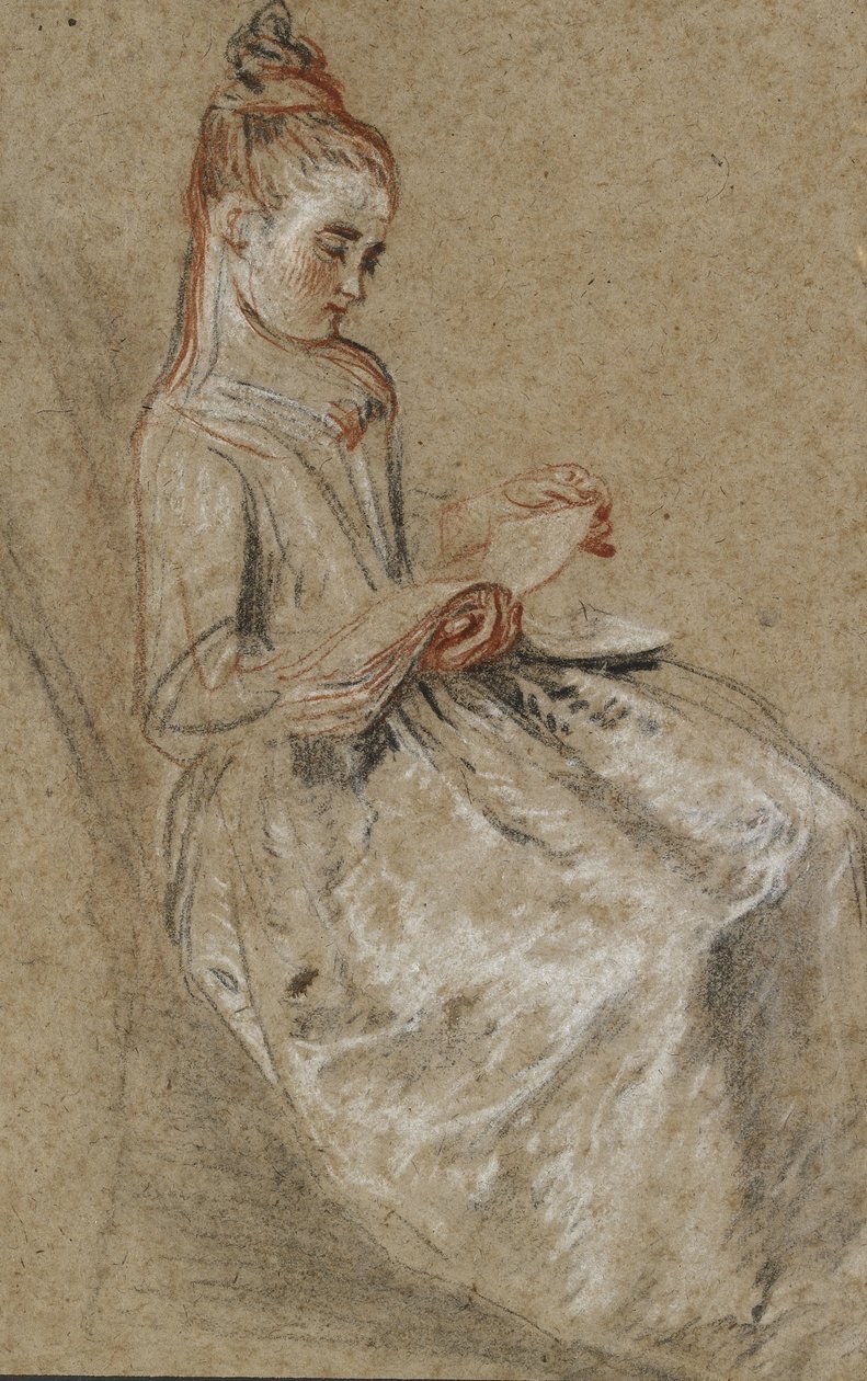 Dívka sedící s knihou hudby na klíně (černé, červené a bílé křídy na hnědém papíru s hrubou texturou) od Jean Antoine Watteau