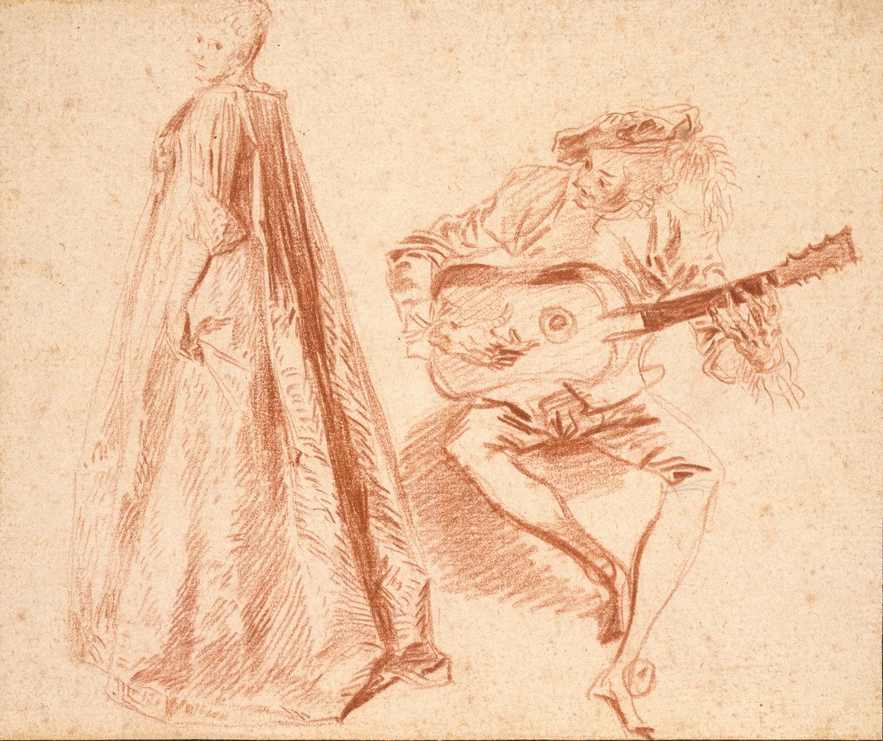 Dívka stojící z profilu vlevo, s mužem, hrající na kytaru, počátek 18. století od Jean Antoine Watteau