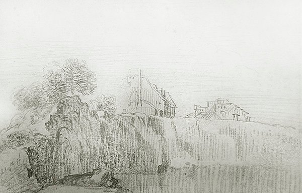 Dům na okraji strmého útesu (červená křída na papíře) od Jean Antoine Watteau
