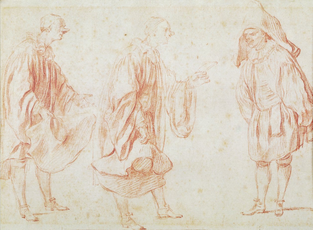 Italští herci (červená křída na papíře) od Jean Antoine Watteau