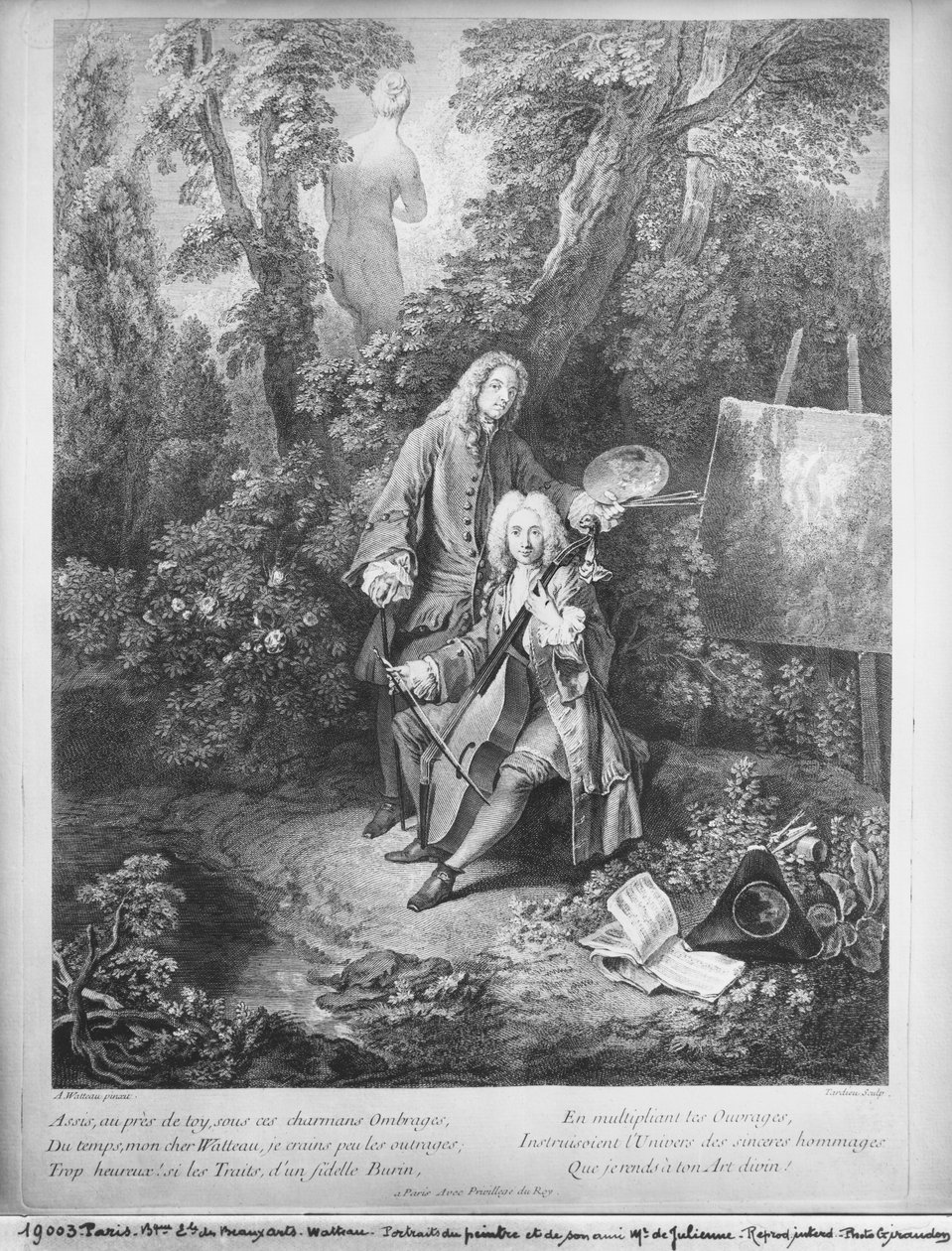 Jean Antoine Watteau a jeho přítel Monsieur de Julienne, rytý Nicolas Henri Tardieu (1674-1749) od Jean Antoine Watteau
