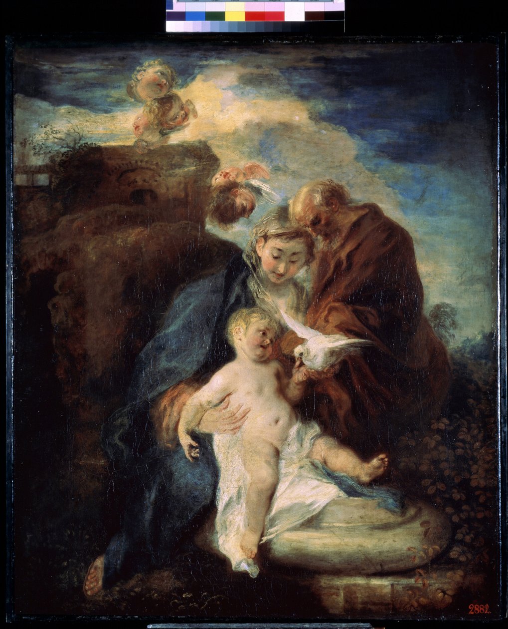 La sainte famille, repose durant la fuite en Egypte (The Holy Family, rest on the flight into Egypt). Peinture de Jean Antoine Watteau (1684-1721). Huile sur toile   1313475   cs       czech Successfully Translated  Original: Italy: Vernazza, Riviera (b/w  od Jean Antoine Watteau