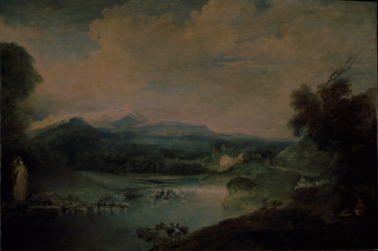 Krajina s vodopádem, cca 1714 od Jean Antoine Watteau