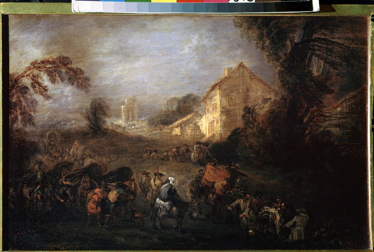 Válečné břemeno. Obraz Jean Antoine Watteau (1684-1721). Olej na mědi, 21,5 x 33,5 cm, cca 1713. Francouzské umění, rokokové umění. Muzeum Ermitáž, Petrohrad. od Jean Antoine Watteau