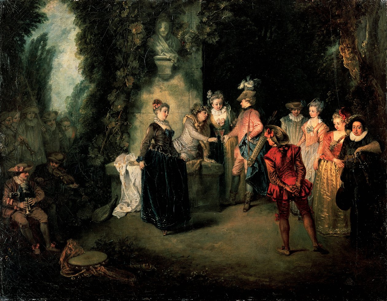 Láska ve francouzském divadle Jean-Antoine Watteau (1684-1721), olej na plátně, 37x48 cm od Jean Antoine Watteau