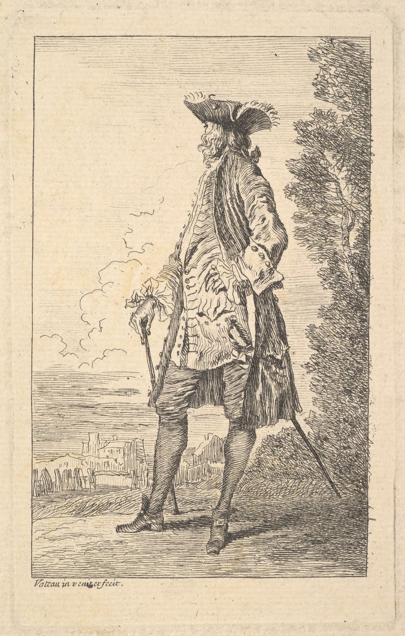 Muž kráčející a nesoucí hůl v pravé ruce, zobrazený ve tříčtvrtečním pohledu s h..., ca. 1710. od Jean Antoine Watteau