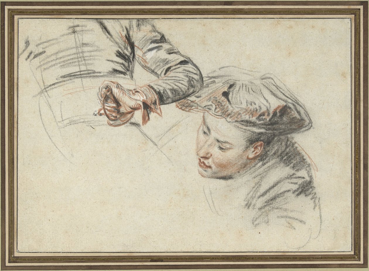 Mužská hlava s baretem a rukou na jílci od Jean Antoine Watteau