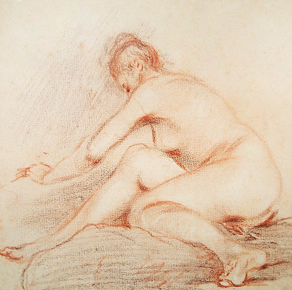 Nahá žena (uhl a červená křída na papíře) od Jean Antoine Watteau