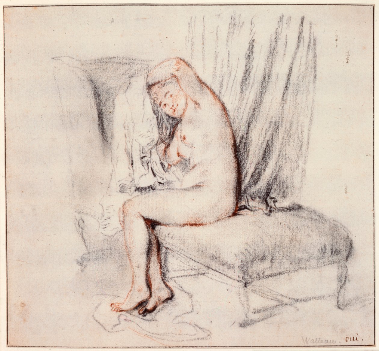 Nahá žena sedící na lenošku, oblékala si košili, 18. století. od Jean Antoine Watteau