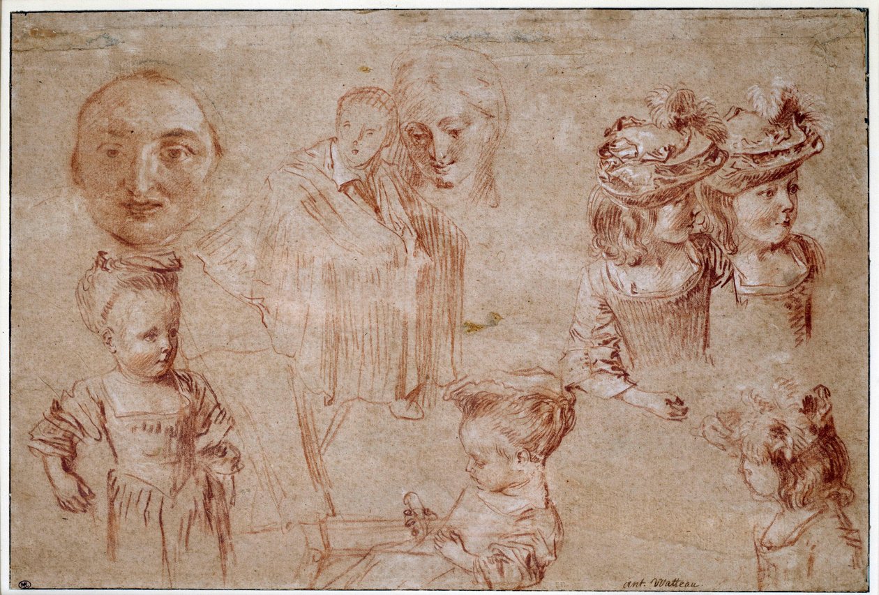 Pierrotova maska, pět dívek v poprsí, mužská rouška a ženská tvář. Kresba živého plotu z krve a křídy od Jean Antoine Watteau (1684-1721) Slunce 18. století. 0,27x0,4 m Paříž, Musee du Louvre od Jean Antoine Watteau