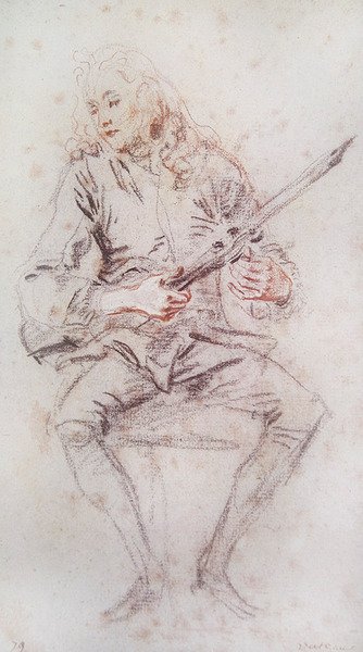 Sedící houslista otáčí svým nástrojem; od Jean Antoine Watteau