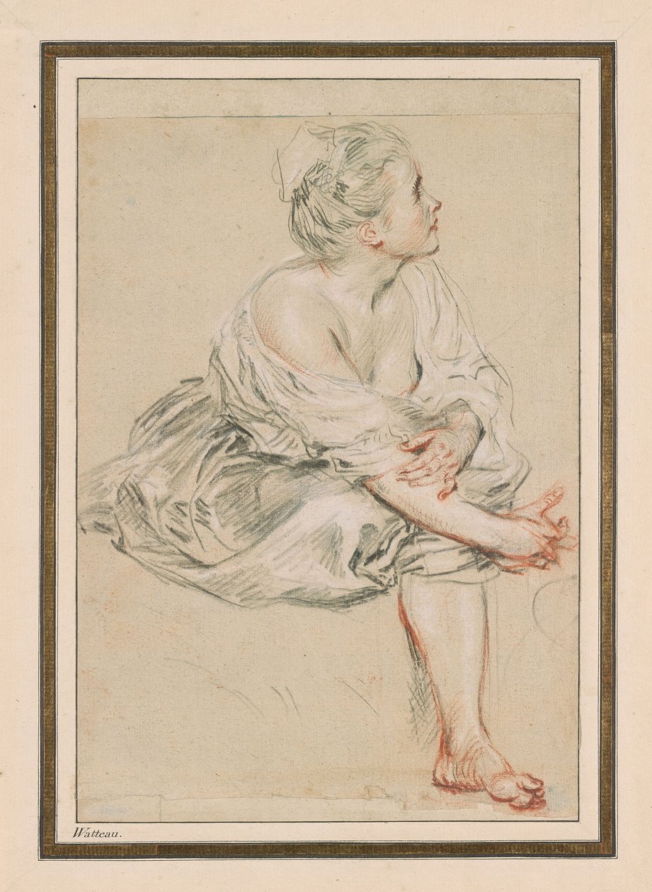 Sedící mladá žena, c. 1716 (černá, červená a bílá křída na papíře) od Jean Antoine Watteau