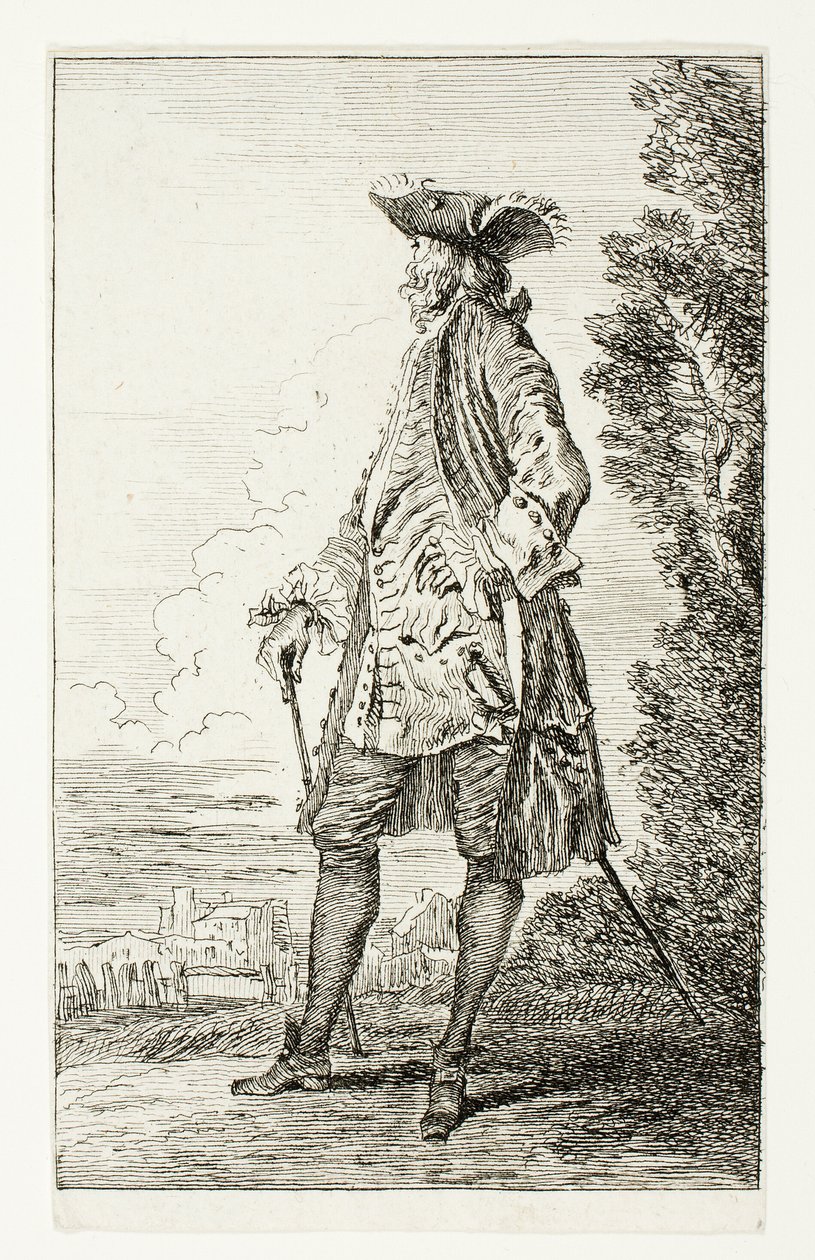 Stojící muž s kloboukem, tváří doleva, z knihy Figures de Modes od Jean Antoine Watteau