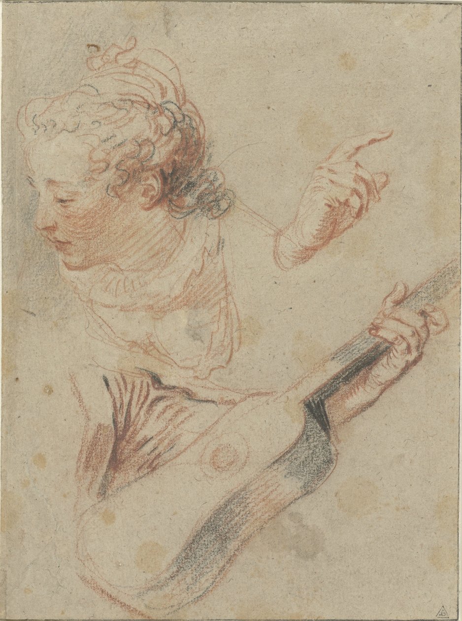 Studijní list se sklopenou dívčí hlavou, kytarou a rukama, které na ně hrají od Jean Antoine Watteau