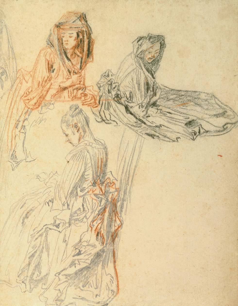 Studie tří sedících žen, cca 1716-18 (křída na papíře) od Jean Antoine Watteau