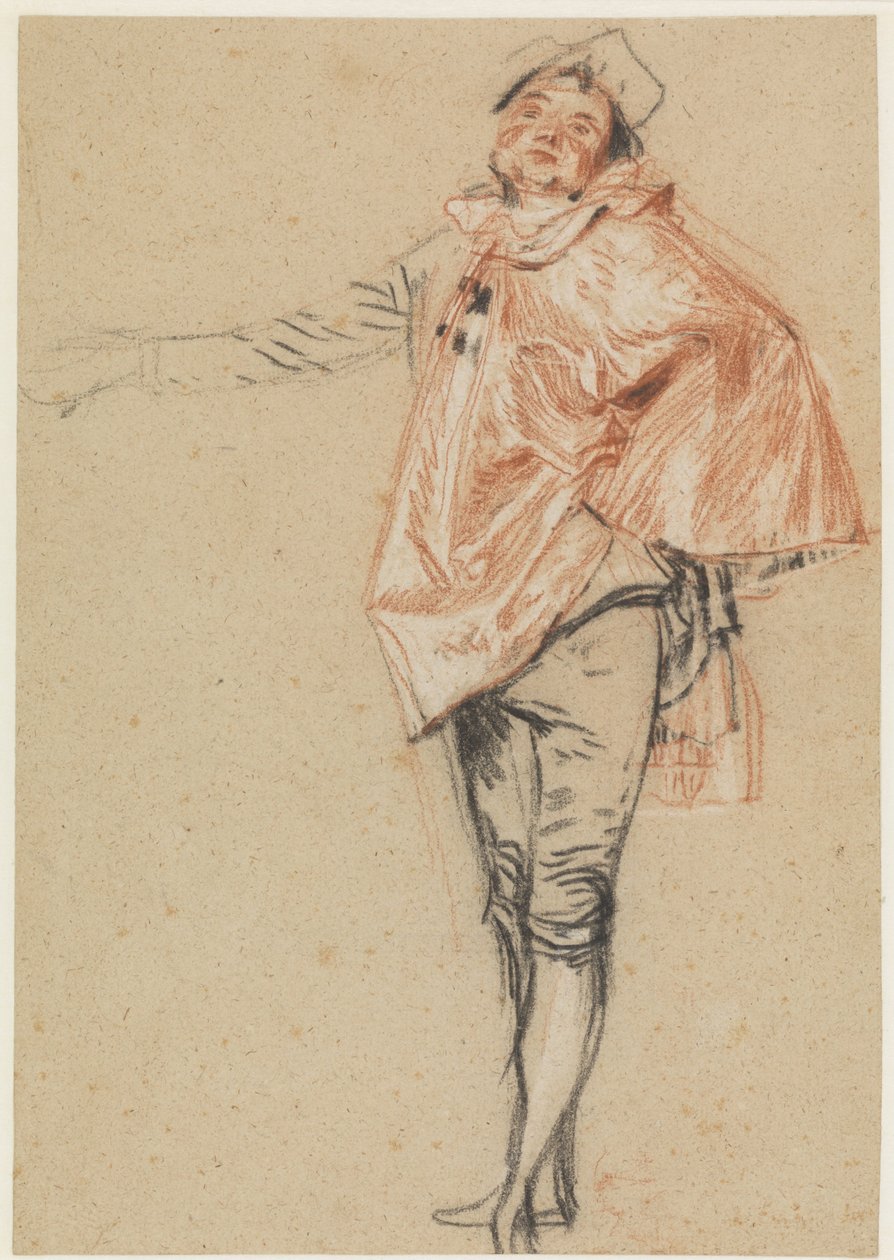 Studie stojící tanečnice s nataženou rukou, cca 1710 (černá, červená a bílá křída) od Jean Antoine Watteau
