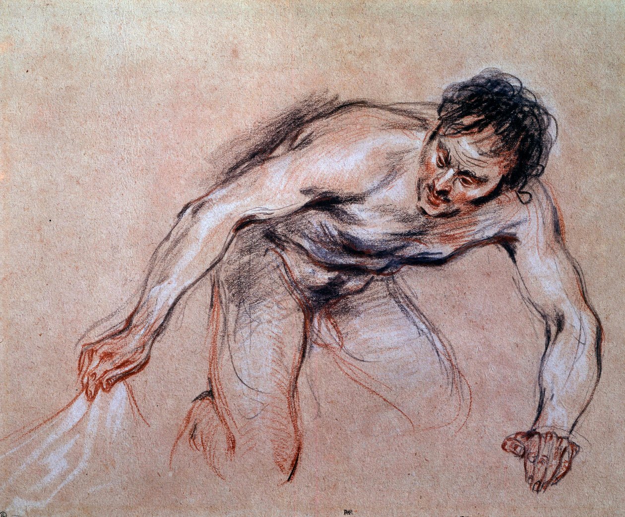 Studie nahého muže klečícího za drapérii Kresba a la sanguine od Jeana Antoina Watteaua (1684-1721) 18. století Sun. 0,24x0,29 m Paříž, Musee du Louvre od Jean Antoine Watteau