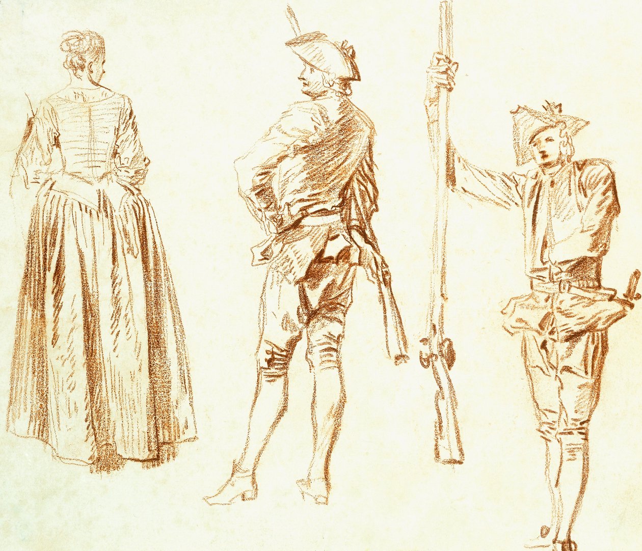 Studie mladé ženy a dvou lovců, kolem 1712-13 od Jean Antoine Watteau