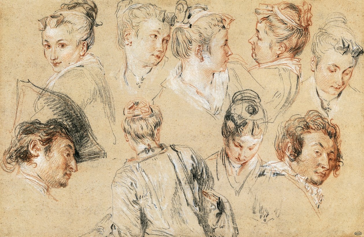 Studie hlav, Jean-Antoine Watteau (1684-1721), kresba od Jean Antoine Watteau