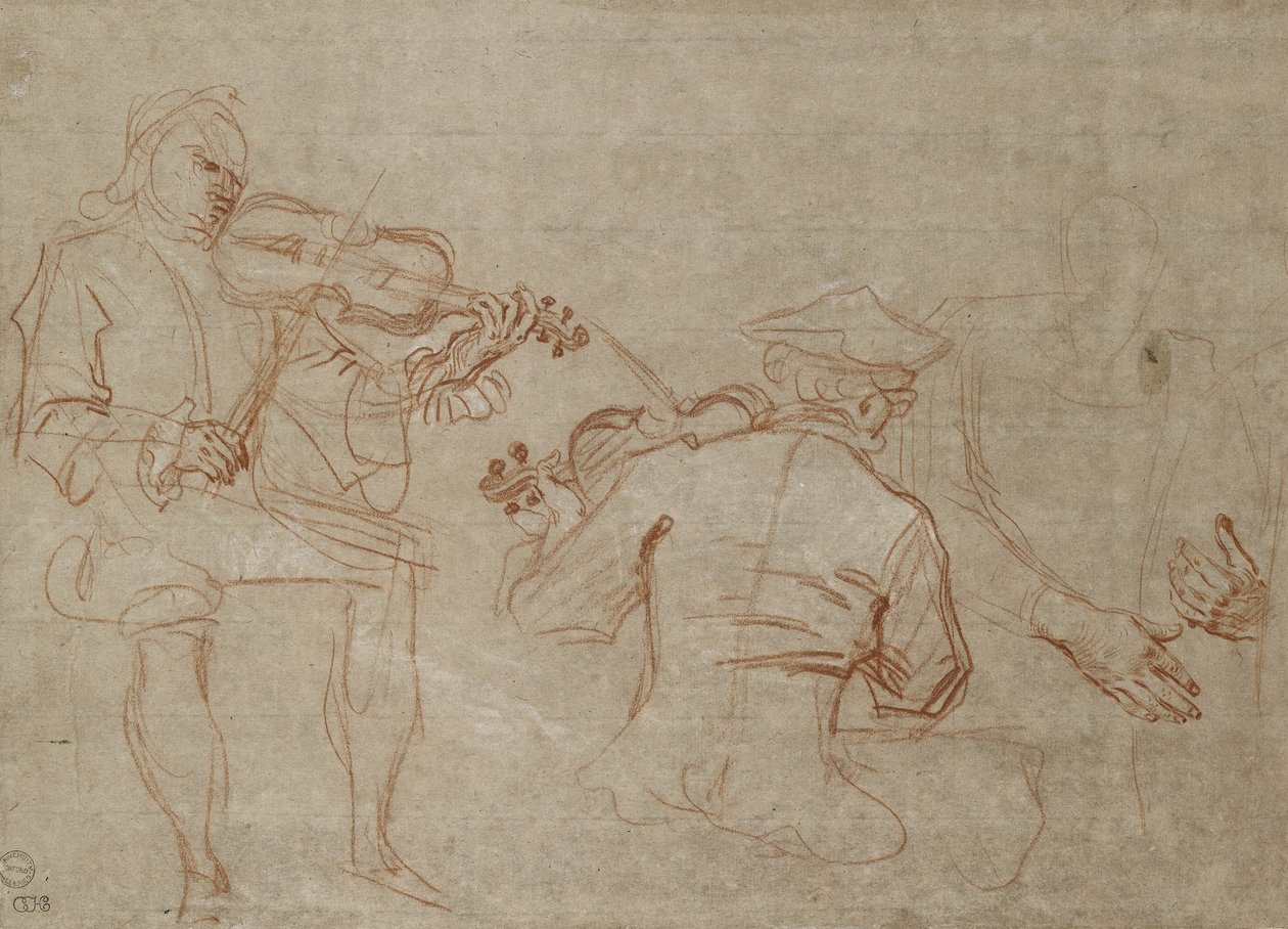Studie dvou houslistů a páru rukou, kteří drží paži (červené a bílé křídy na papíře) od Jean Antoine Watteau