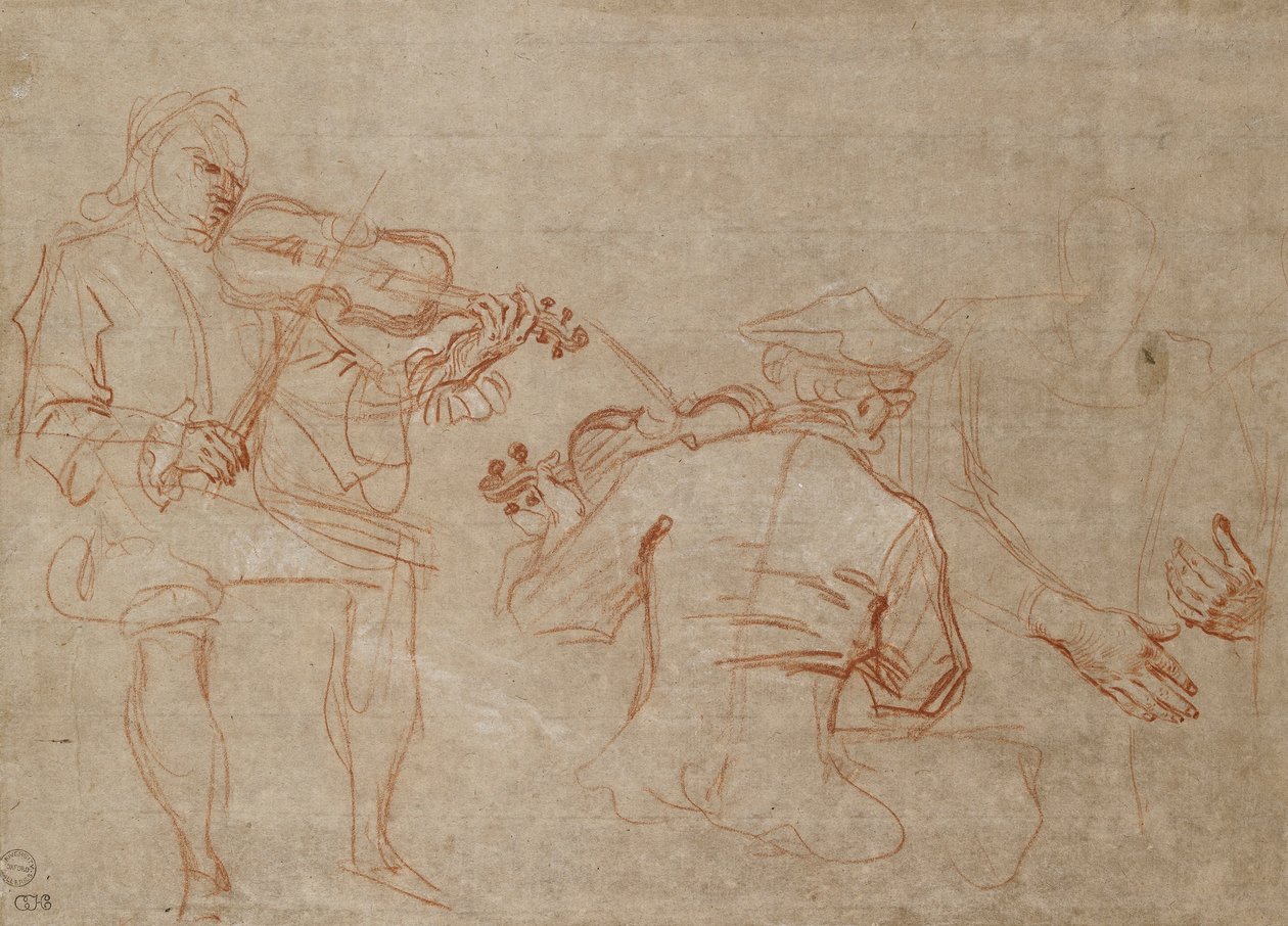 Studie dvou houslistů a páru rukou, držících paži, vpravo, asi 1716 od Jean Antoine Watteau