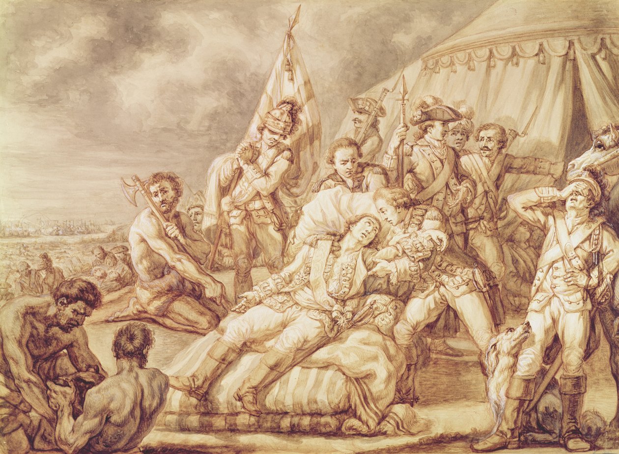 Smrt markýze de Montcalm de Saint-Veran (1712-59) (pero a inkoust s tělovou barvou na papíře) od Jean Antoine Watteau