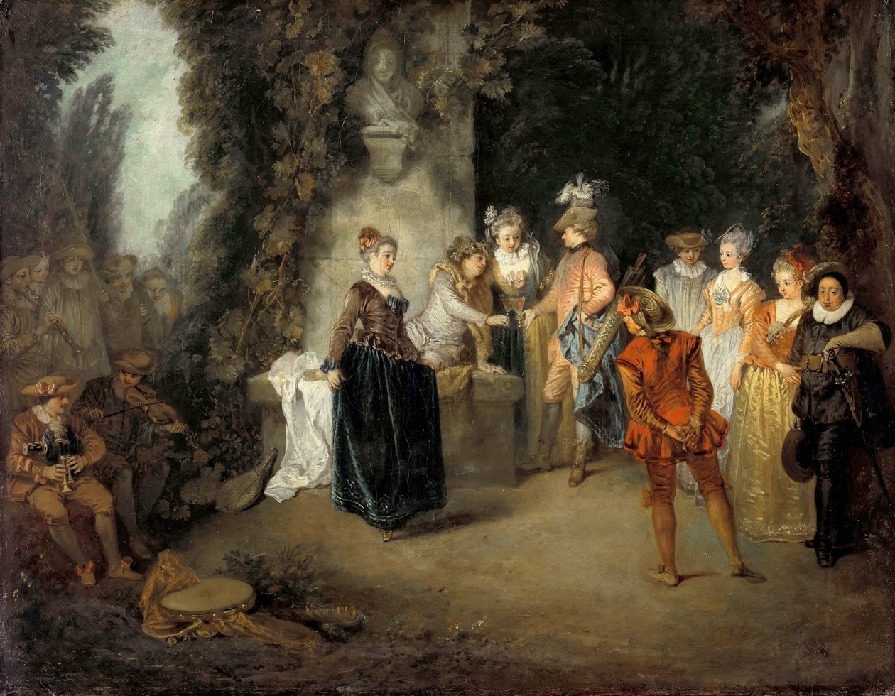 Francouzská komedie par Watteau, Jean Antoine (1684-1721), po roce 1716 - Olej na plátně, 37x48 - Státní muzea, Berlín od Jean Antoine Watteau